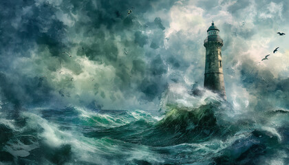Lighthouse in Stormy Sea with Dramatic Waves
