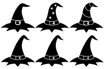 Halloween witch hat black silhouette, Set of different witch hats vector illustration, witch hat silhouette vector  set