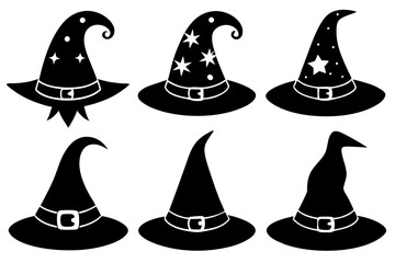 Halloween witch hat black silhouette, Set of different witch hats vector illustration, witch hat silhouette vector  set