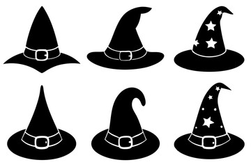 Halloween witch hat black silhouette, Set of different witch hats vector illustration, witch hat silhouette vector  set