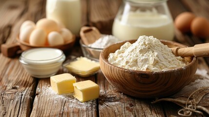 Baking supplies and ingredients with milk and butter on a wooden table