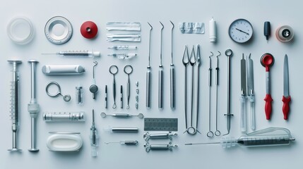 Medical paraphernalia on a clean white isolated background, minimalist center, brightly lit, aerial photo, illustration background