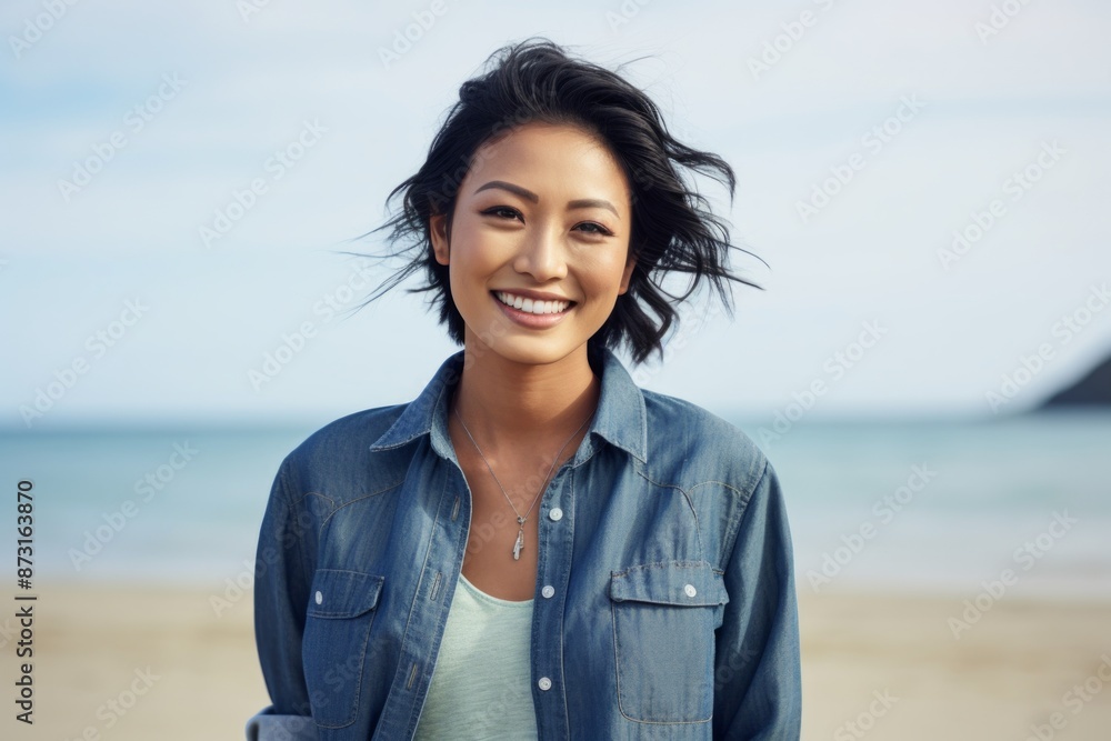 Wall mural Portrait of a grinning asian woman in her 20s sporting a versatile denim shirt in sandy beach background