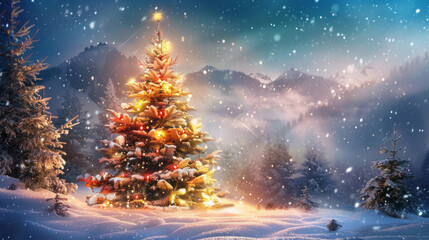 A beautiful Christmas tree in the snow-covered mountains at night is illuminated by twinkling lights and set against a starry sky.