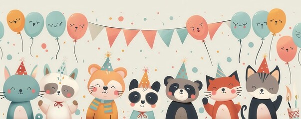 A group of cute animals wearing party hats are having a party. There are balloons and streamers everywhere. The animals are all smiling and having fun.