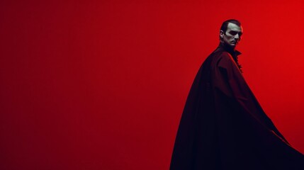 A figure in a black cloak stands against a vibrant red backdrop