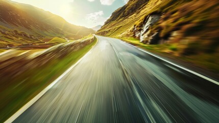 A car drives quickly down a winding road through a mountainous landscape