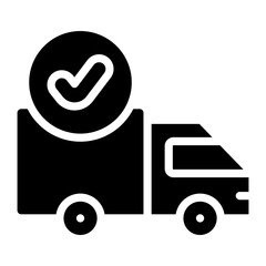 delivery truck with check mark sign glyph icon