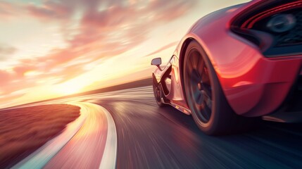 Red sports car speeds around corner towards sunset
