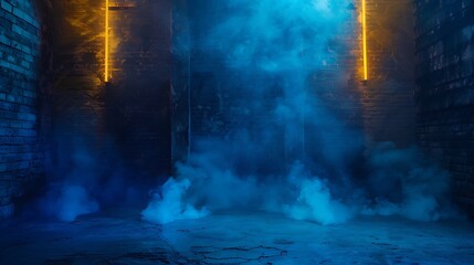 Obraz premium Dark basement with old brick walls, blue sparks of fire casting light on the floor, hazy smoke in the air, neon yellow lamps providing a bright highlight, 