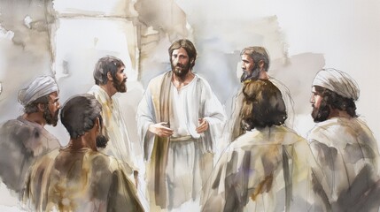 Watercolor painting of Jesus Christ teaching a group of disciples in soft, muted colors and rustic setting. Religious education, Biblical scenes, Christian faith, spiritual guidance.