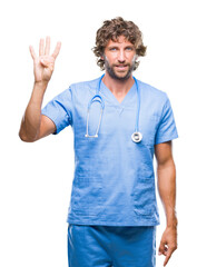 Handsome hispanic surgeon doctor man over isolated background showing and pointing up with fingers number four while smiling confident and happy.