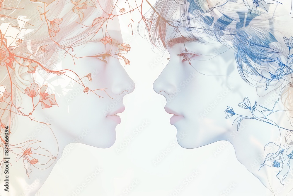 Poster Creative double exposure of faces with flowing lines, symbolizing complexity and depth with soft, neutral tones.