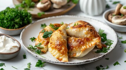 Tasty varenyky with mushrooms parsley butter and sour cream on white marble table