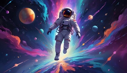 Running Floating Astronaut in Colorful Cosmic Space with nebula planets saturn and paint splashes