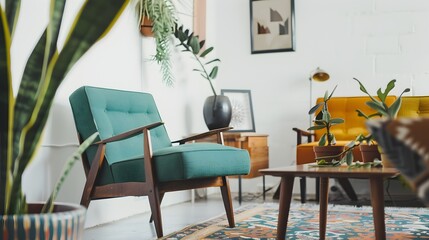 Cozy Vintage-Inspired Living Room with Comfortable Furniture and Decorative Plants