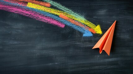 Colorful chalk and paper airplane on blackboard symbolize return to school