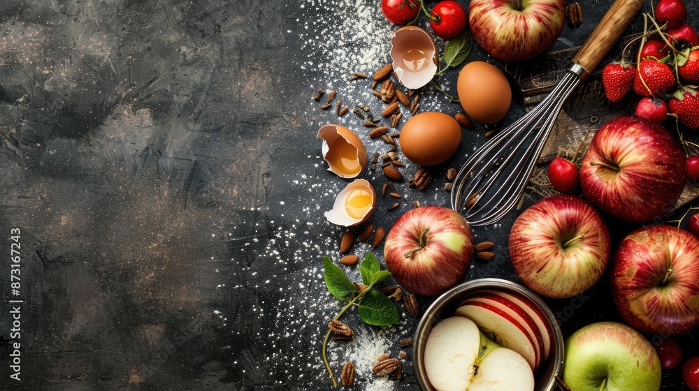 Poster Ingredients for pie sliced red apples eggs whisk on table Fresh fruit background with space for text Cooking idea