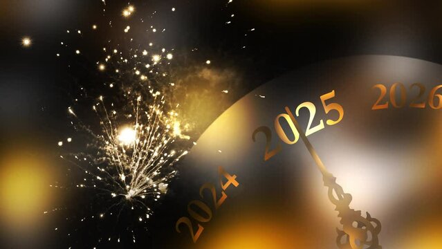 abstract countdown clock 2025 with golden sparkling fireworks on night sky, happy new year concept or new years eve greeting card