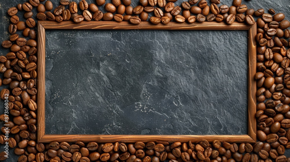 Poster display dark background with space for text and frame coffee beans