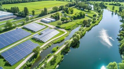 Solar Panels Along A Winding River