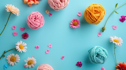 Fototapeta premium Yarn balls and flowers on a bright background