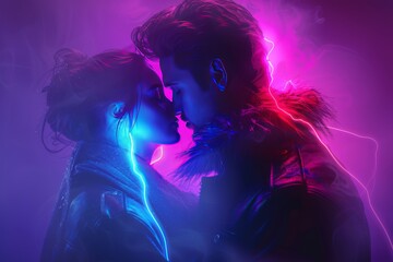 Obraz premium Dreamy illustration of a couple in neon light, symbolizing love and energy with vibrant, glowing colors.