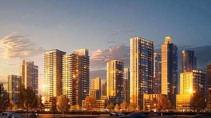 Naklejka premium Urban Golden Hour Glow - Stunning Artistic Skyline at Dusk with Warmly Lit Buildings and Colorful Sunset Transition
