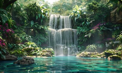 Lush Jungle Waterfall Cascading into Crystal Clear Pool, Pristine Paradise Scene