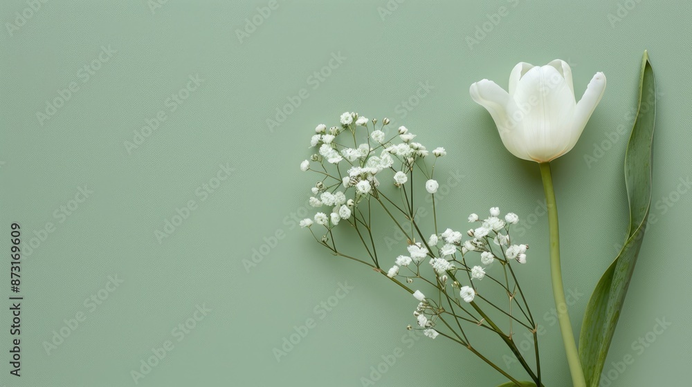 Poster simplistic flower arrangement white tulip and gypsophila on soft green backdrop top down view with s