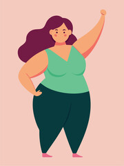 A plus size woman stands confidently with her fist raised in the air