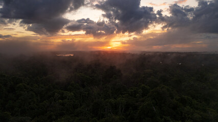 aerial images of sunrise in the Nanay River, within the Peruvian Amazon, Nanay River, water source for the city of Iquitos, black water rivers or Igapos in the interior of the Peruvian Amazon to visit