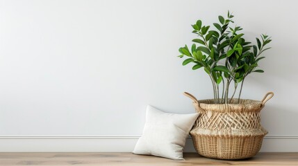 Modern home interior decor with wicker basket pillow and green plant on white wall