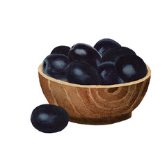 Wooden bowl with black olives. Watercolor olive fruits in a brown dish, ecological kitchenware. Watercolor food clipart for menu on white background