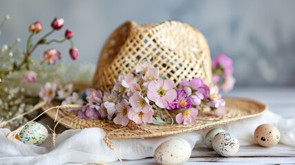 Fototapeta premium Decorated Easter straw hat adorned with flowers and eggs for spring decor