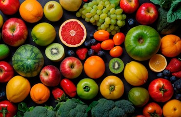 Beautiful vibrant flat lay photo of different fresh juicy fruits and vegetables harvest. Colorful healthy nutrition food photography background wallpaper concept.	