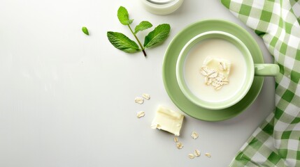 Pancake cereal presentation in green mug on white background perfect for breakfast during covid Flat lay view with space for text featuring butter mint milk and checkered cloth