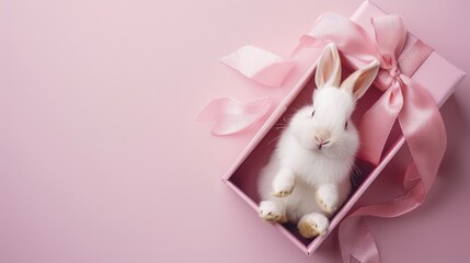 Soft white bunny in gift box wrapped in pink paper for special occasions Holiday New Year Valentines birthday theme picture Flat lay with toy top view room for text
