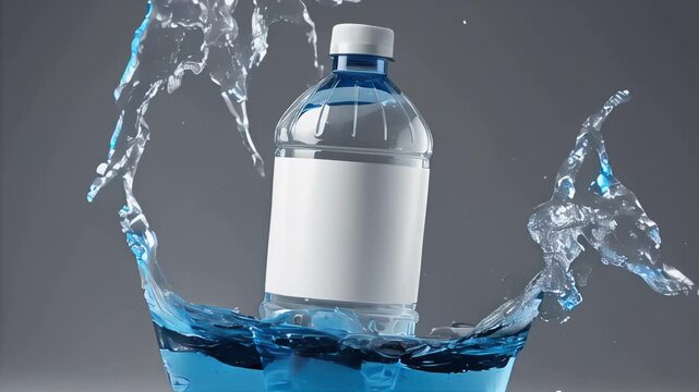 Plastic bottle mockup in the midst of a dynamic water splash. Perfect for showcasing packaging design, promoting hydration products, or conveying themes of purity and refreshment