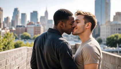 Happy beautiful young interracial gay couple smiling and kissing on the modern cityscape background. Romantic Lgbtq love and diversity