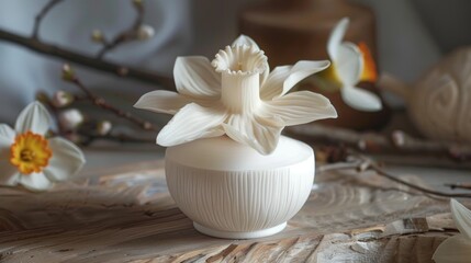 Obraz premium Handmade white wooden daffodil cream cosmetic