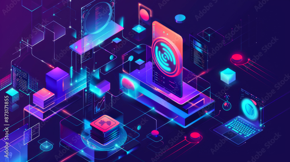 Poster colorful futuristic image of a computer network with a green frame in the middle. concept of technol