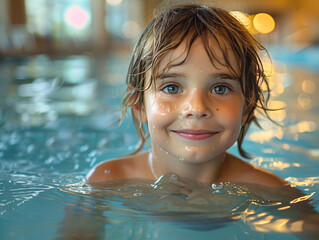  a young girl smiling while in a swimming pool. Her hair is wet, and she is wearing a blue swimsuit.