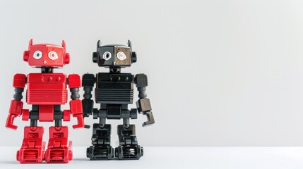Red and black robot toys on white background with copy space for object fashion gift