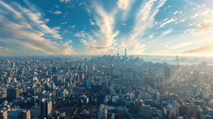 A cityscape at midday, with clear skies and sunlight casting sharp shadows on the bustling streets below.