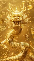Obraz premium gold dragon, from front, golden background 