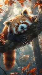 Fototapeta premium Realistic red panda lounging on a tree branch, cute animals, exotic charm,