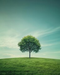 Fototapeta premium Arbol solitario en un prado verde, cielo despejado, espacio para texto en la parte superior, luz natural