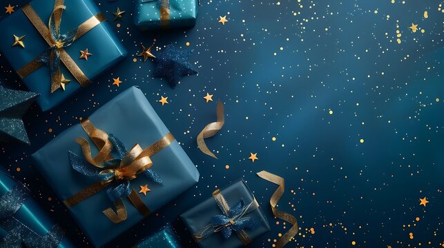 Detailed illustration of blue gifts with elegant golden ribbons, set against a deep sea blue background with golden stars, minimalist style