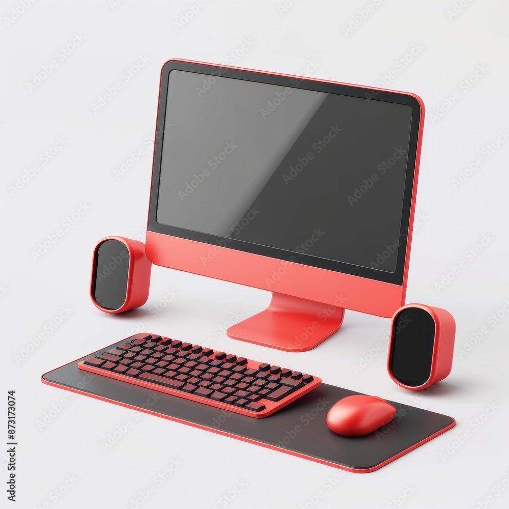Poster 3d modern red computer setup on white background